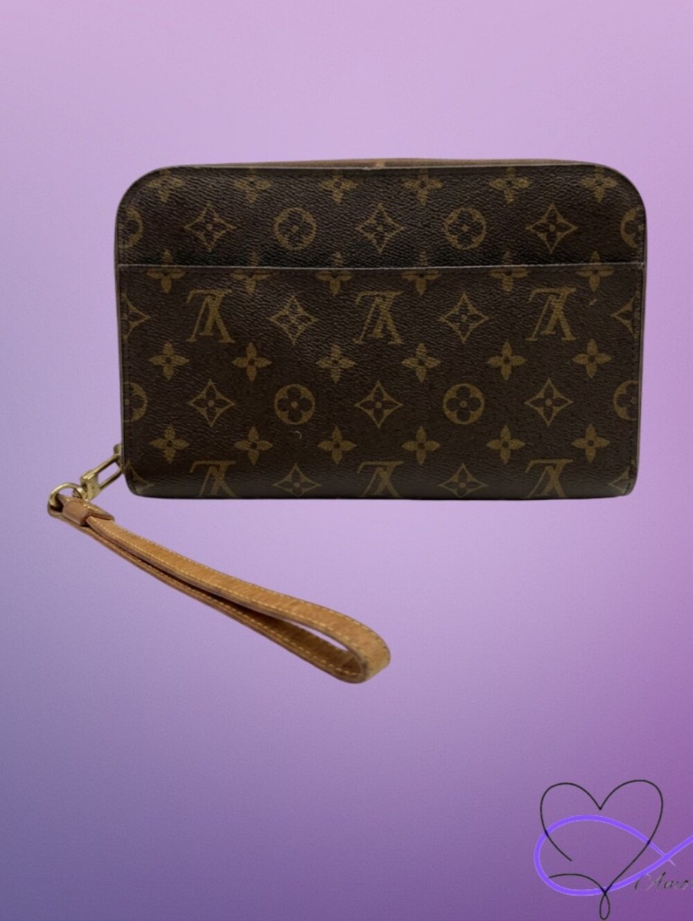 Louis Vuitton Brown Monogram Wristlet Clutch with Tan Strap